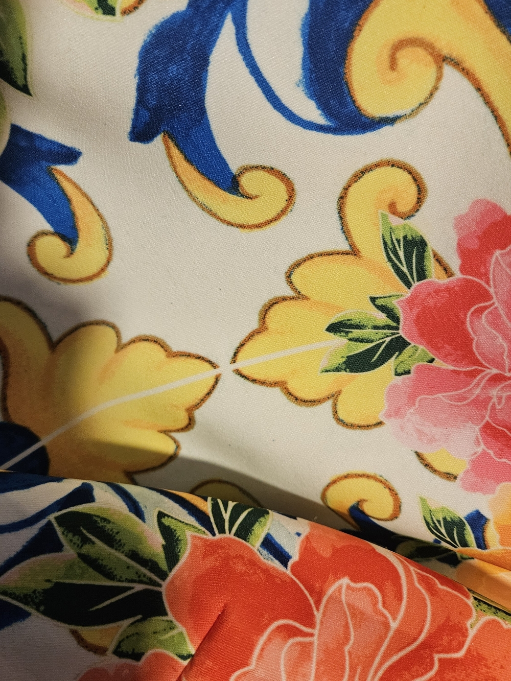 New York & Company Yellow Floral and Blue Patterned Midi Dress with Flounce Hem - Picture 3 of 4